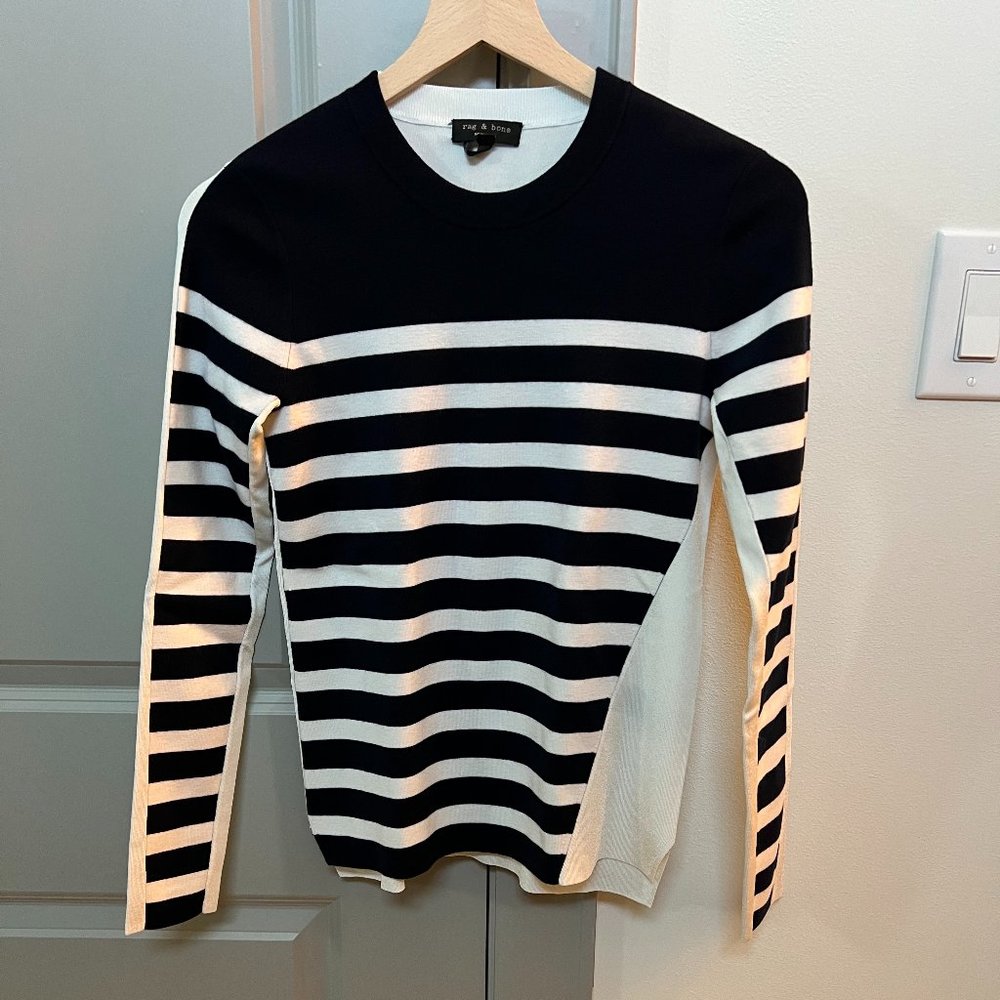 rag & bone Merino Blend Breton Stripe Crewneck Sweater — Navy Cream, S NWOT